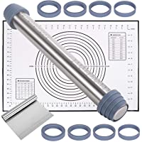 Rodillo de Acero Inoxidable- Rodillo de Masa con 8 Discos Ajustables Anillo- Estera para Hornear y raspador- Rodillo de…